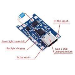 TP4056 Type-C 1S 3.7V LiPo, Li-ion Pil BMS Korumalı Şarj Devresi