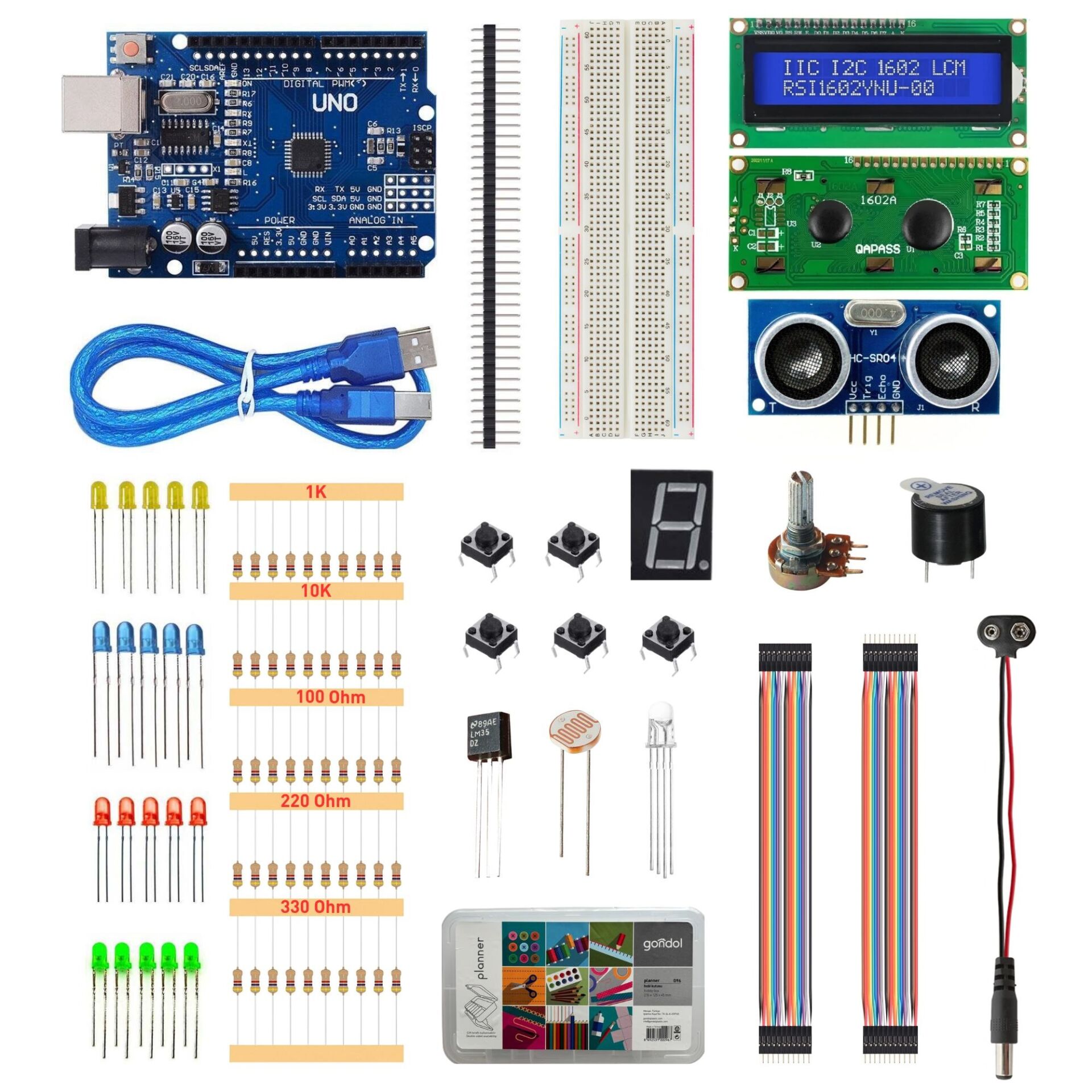 Kutulu Robotik Kodlama Arduino Uno Ekonomik Başlangıç Seti 26 Çeşit 148 Parça