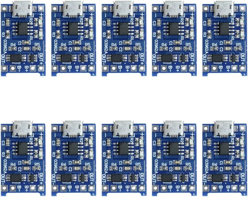 TP4056 Micro USB 1S 3.7V LiPo, Li-ion Pil BMS Korumalı Şarj Devresi - 10 Adet