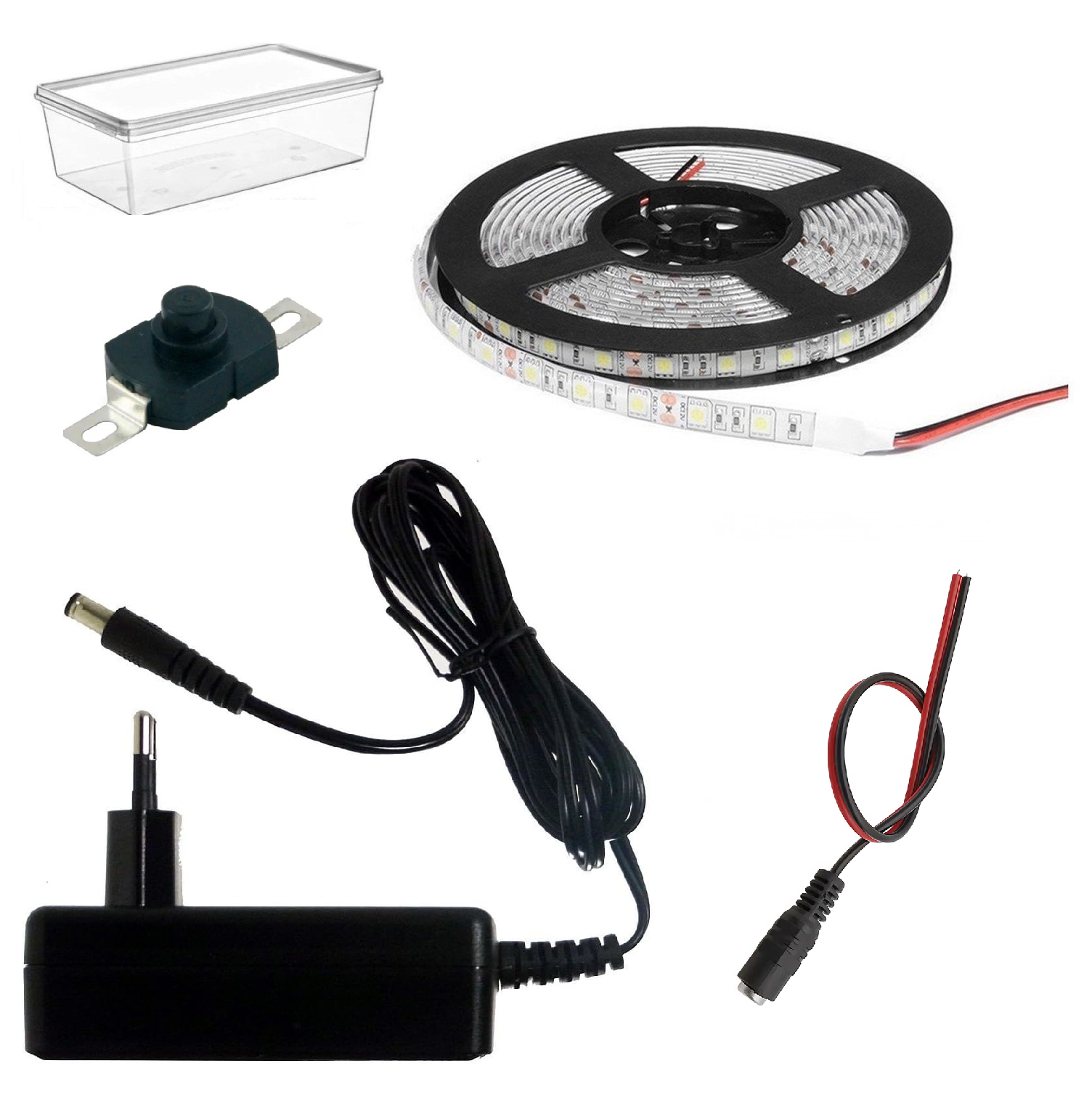 DC 12V Şerit Led 5 Metre Tek Çipli Beyaz Işık Lamba Anahtar Adaptörlü Aydınlatma Devresi Öğrenci Hobi Deney Seti