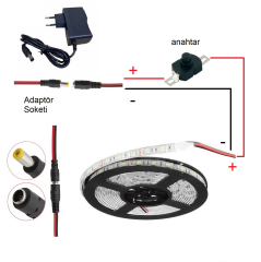 DC 12V Şerit Led 5 Metre Tek Çipli Beyaz Işık Lamba Anahtar Adaptörlü Aydınlatma Devresi Öğrenci Hobi Deney Seti
