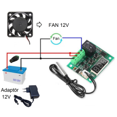 DC 12V Adaptörlü Dijital Termostat Sıcaklık Kontrol Kartı ile 12V Fan Pervane Çalıştırma Devresi Öğrenci Hobi Deney Seti