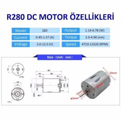 R280 3-12V 13750Rpm DC Motor (Çap 24mm Uzunluk 47mm) Hobi Deney Motoru