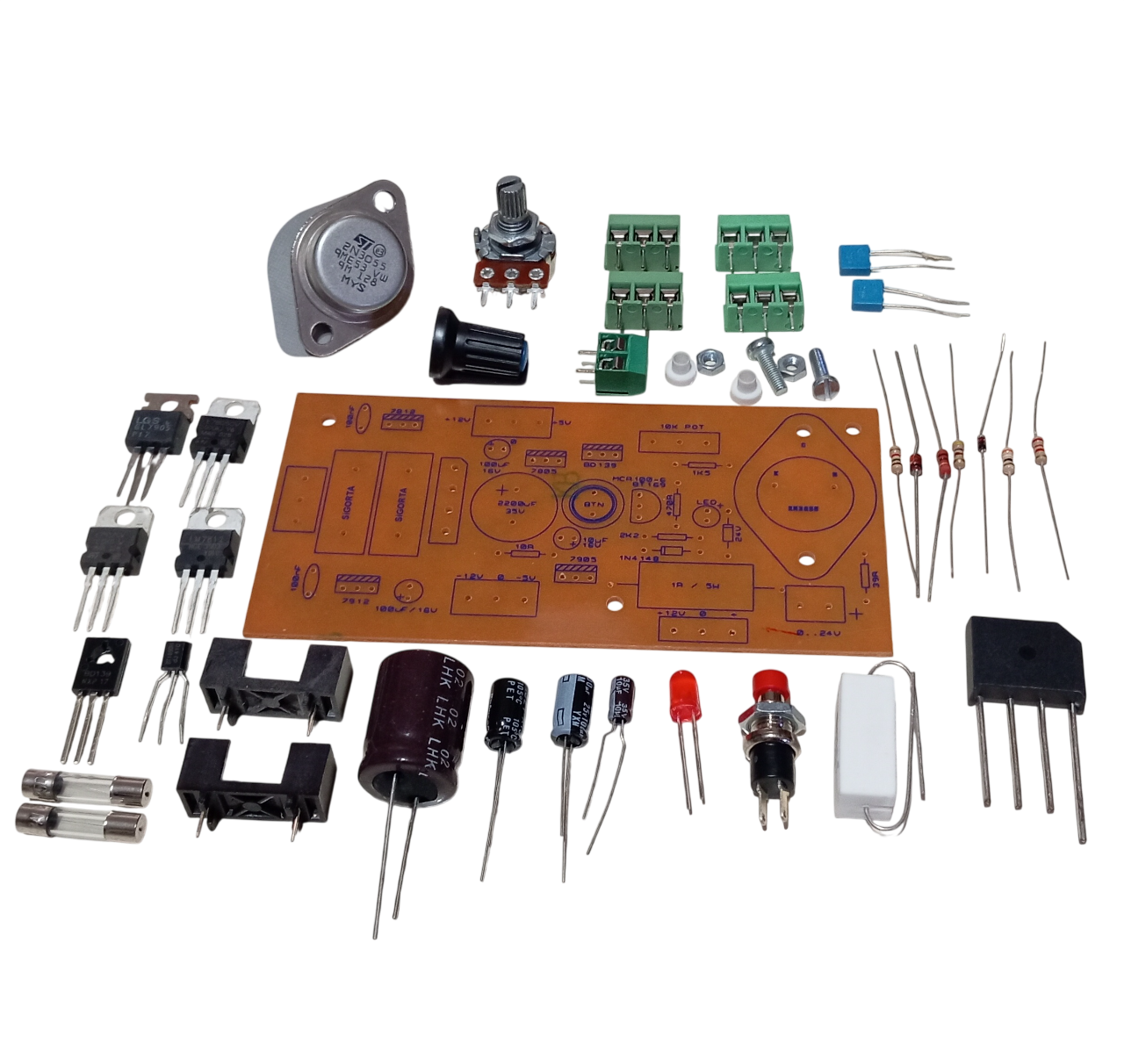 Kısa Devre Korumalı DC 0-24V 1A Ayarlı, +5V, -5V, +12V, -12V Sabit Çıkışlı Güç Kaynağı Kendin Yap Hobi Devresi DIY Lehimleme Kiti Demonte(Montesiz)